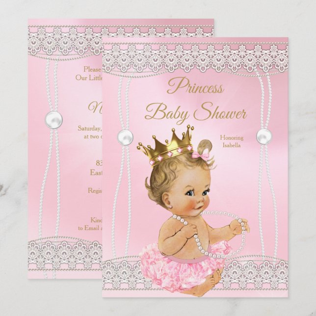 Convite Chuva de Bebê Princesa Rosa pérola laço loira (Frente/Verso)