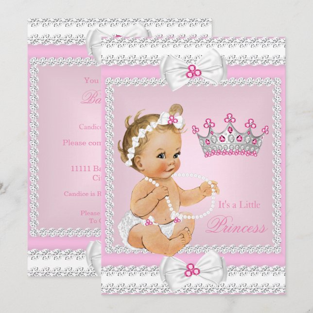 Convite Chuva de Bebê Princesa Rosa Pérolas Brancas Laços  (Frente/Verso)