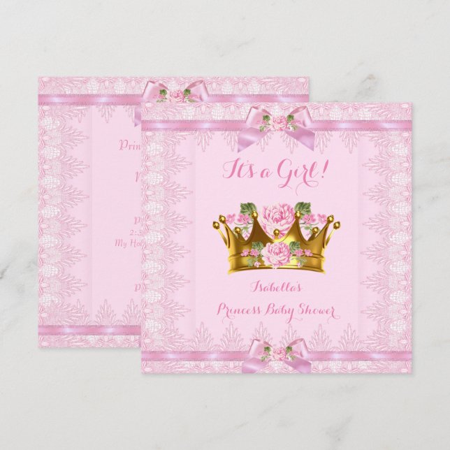 Convite Chuva de Bebê Princesa Rosa Pink Laço de Renda (Frente/Verso)