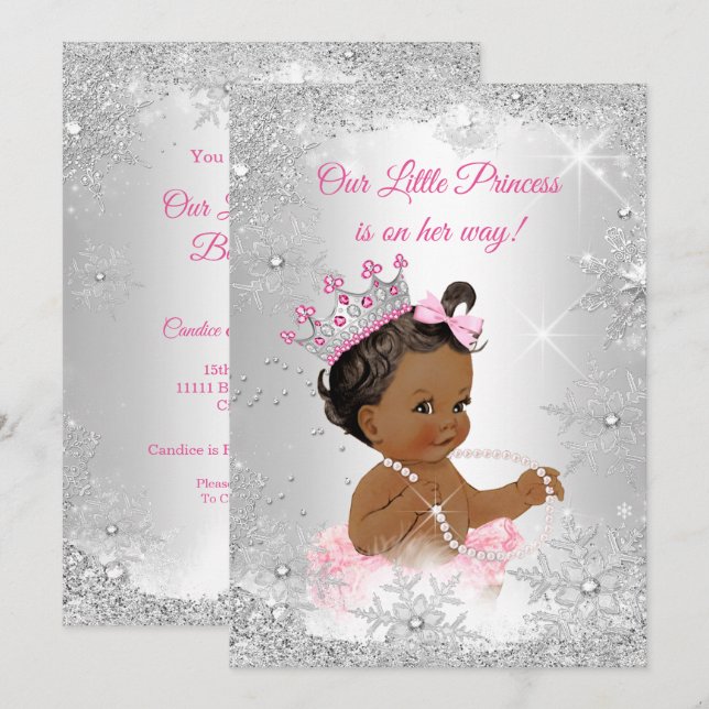 Convite Chuva de Bebê Princesa Rosa Prata Inverno Étnico (Frente/Verso)