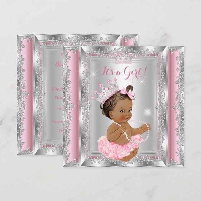 Convite Chuva de Bebê Princesa Rosa Prata Tutu Morena 2 (Frente/Verso)