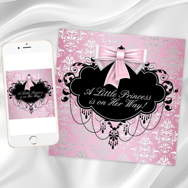 Convite Chuva de Bebê Princesa Rosa Preto Prata Elegante (Pink and black baby shower invitation. Add your text to front and back. Download and printed.)