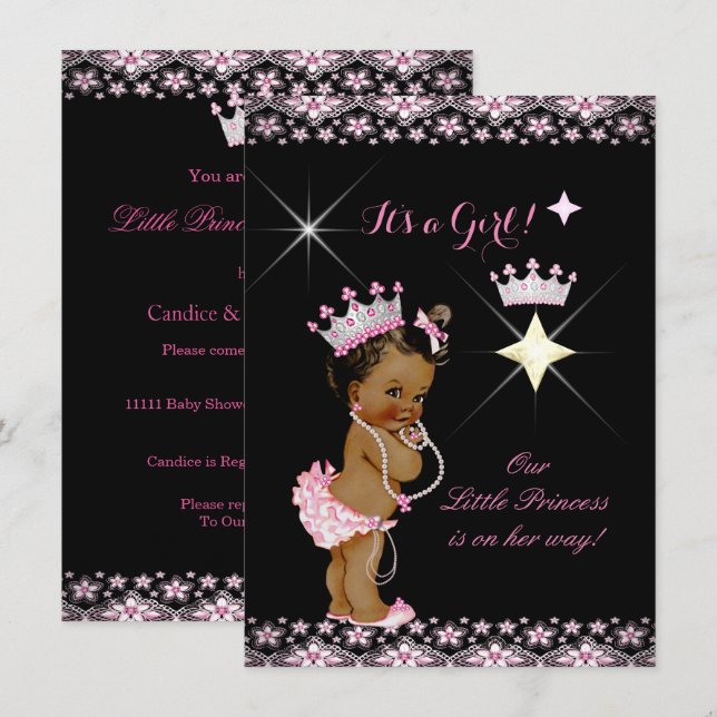 Convite Chuva de Bebê Princesa Rosa Preto Tiara Étnico (Frente/Verso)