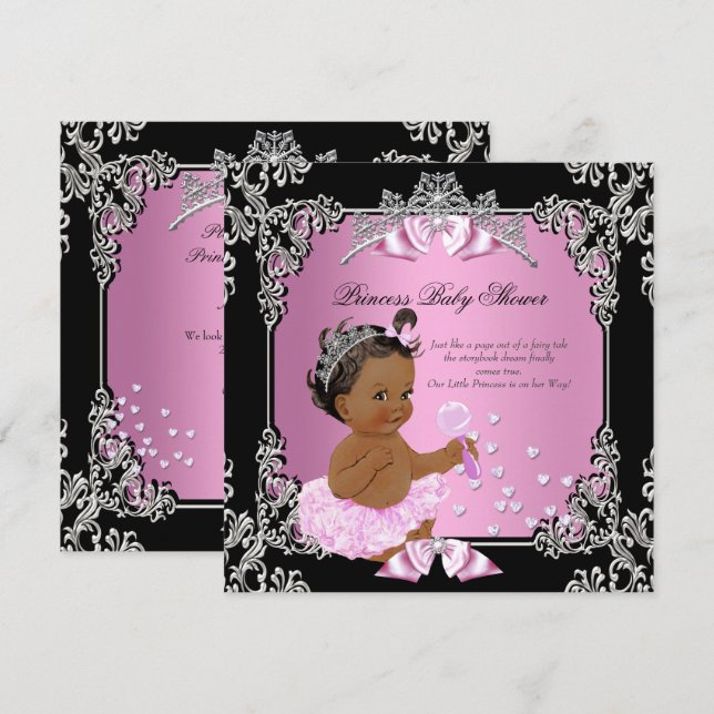 Convite Chuva de Bebê Princesa Rosa Preto Tutu Étnico (Frente/Verso)