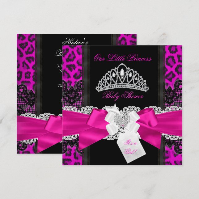 Convite Chuva de Bebê Princesa Rosa Quente Menina Leopardo (Frente/Verso)