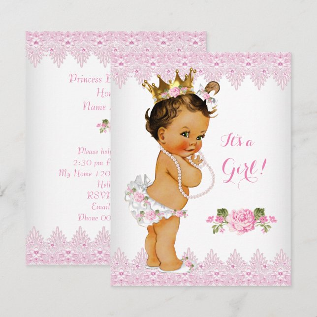 Convite Chuva de Bebê Princesa Rosa Rosa Bege Brunette (Frente/Verso)
