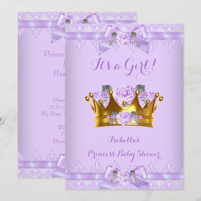 Convite Chuva de Bebê Princesa Rosa Roxa Lavanda Renda (Frente/Verso)
