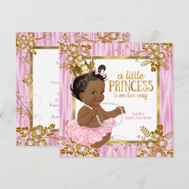 Convite Chuva de Bebê Princesa Rosa Seda Floral Étnico (Frente/Verso)
