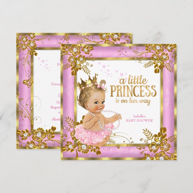 Convite Chuva de Bebê Princesa Rosa Tutu Floral Loura (Frente/Verso)