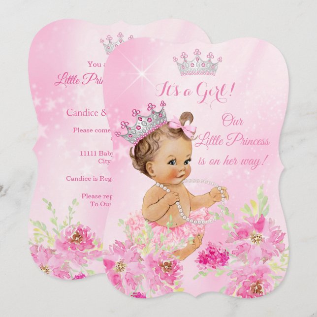 Convite Chuva de Bebê Princesa Rosa Tutu Floral Morena (Frente/Verso)