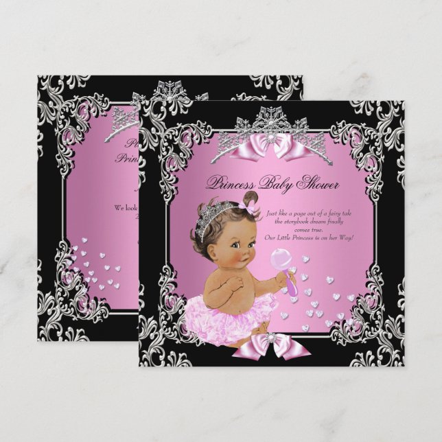 Convite Chuva de Bebê Princesa Rosa Tutu Preto Morena (Frente/Verso)