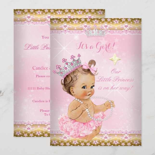 Convite Chuva de Bebê Princesa Rosa Tutu Tiara Dourada Mor (Frente/Verso)