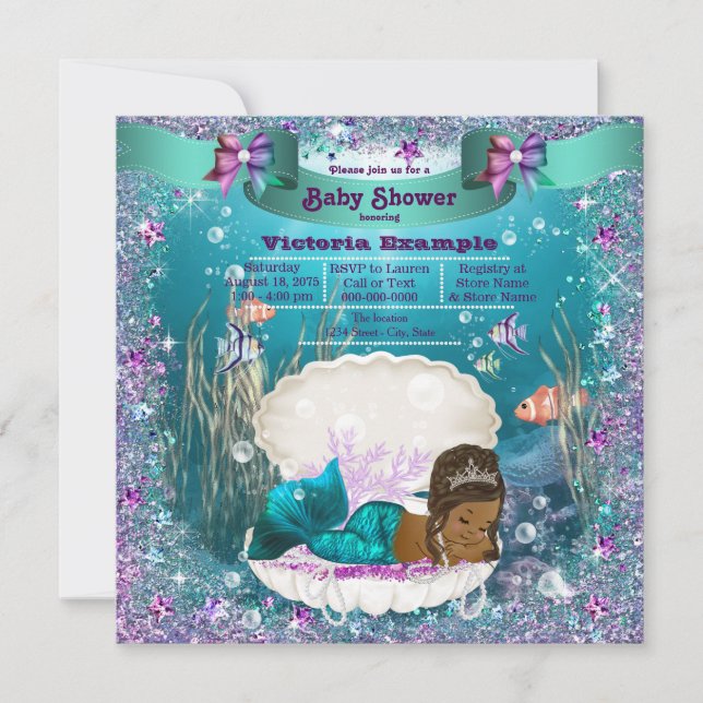 Convite Chuva de Bebê Princesa Sereia Afro-Americana (Frente)