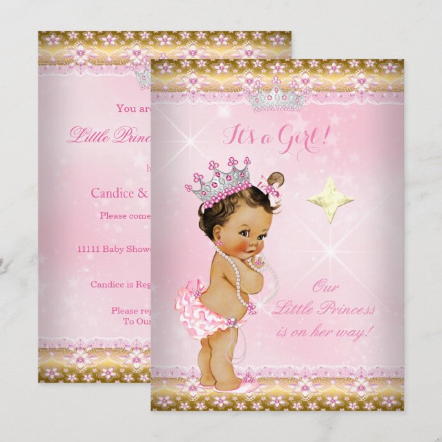 Convite Chuva de Bebê Princesa Tiara de Renda Rosa Dourada (Frente/Verso)