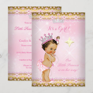 Convite Chuva de Bebê Princesa Tiara de Renda Rosa Dourada