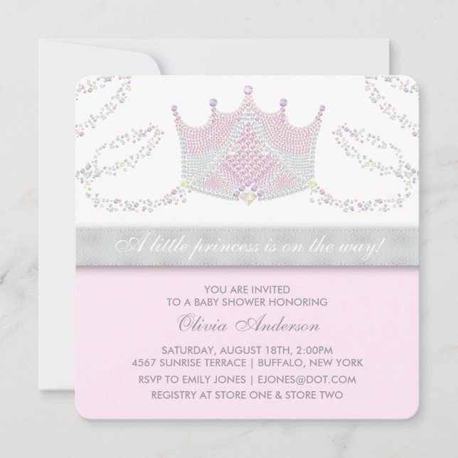 Convite Chuva de Bebê Princesa Tiara Rosa Cinza (Frente)