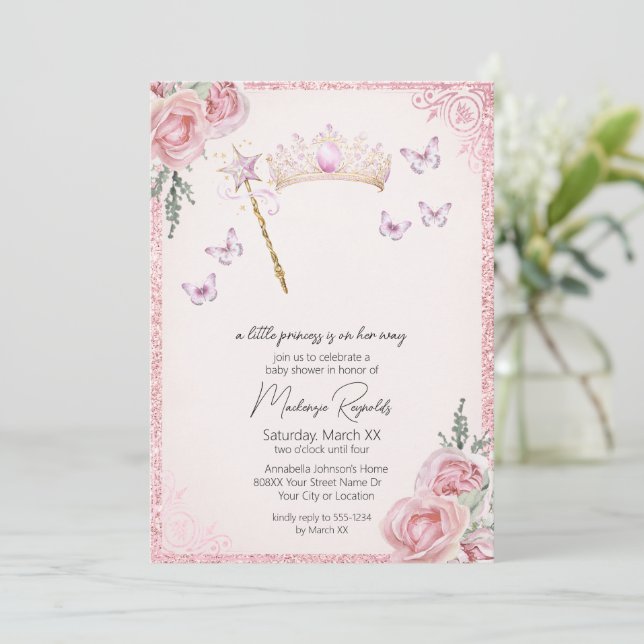 Convite Chuva de Bebê Princesa Tiara & Varinha Brilho Rosa (Em pé/Frente)