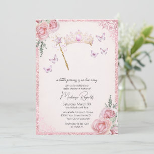 Convite Chuva de Bebê Princesa Tiara & Varinha Brilho Rosa