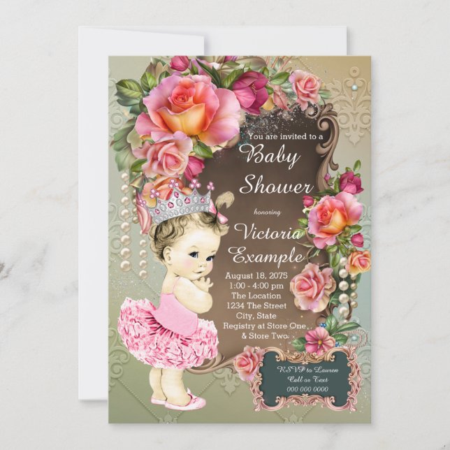 Convite Chuva de Bebê Princesa Tutu Pérola Rosa (Frente)