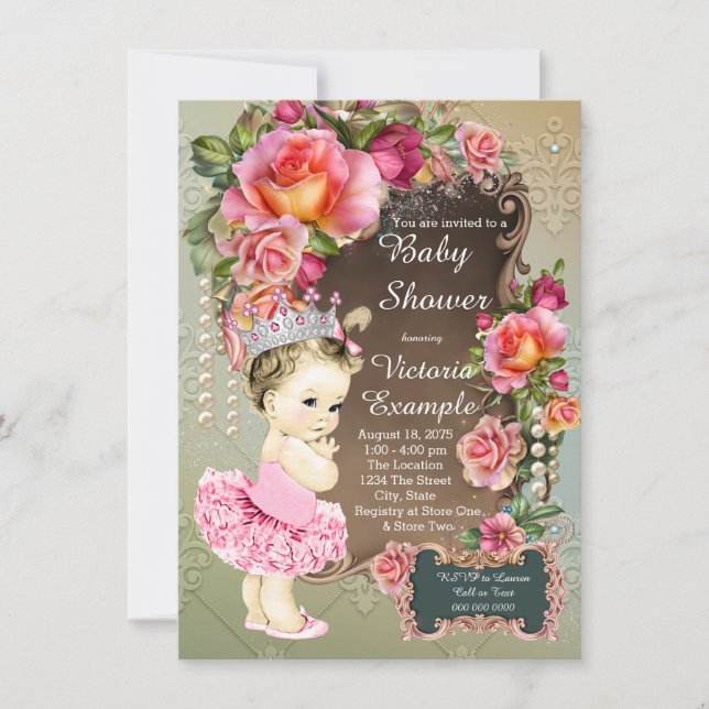 Convite Chuva de Bebê Princesa Tutu Pérola Rosa (Frente)
