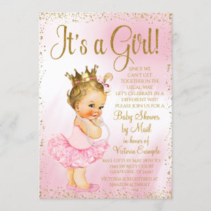Convite Chuva de Bebê Princesa Tutu Rosa Dourado Loira