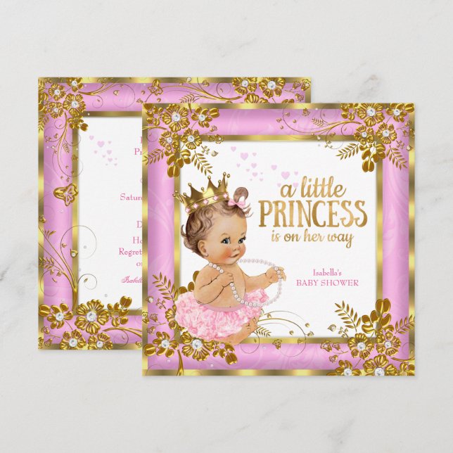 Convite Chuva de Bebê Princesa Tutu Rosa Floral Morena (Frente/Verso)