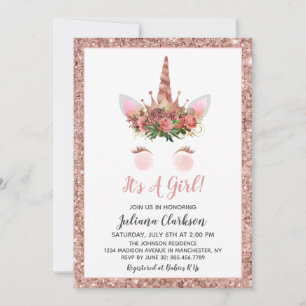 Convite Chuva de Bebê Princesa Unicórnio Dourado Rosa