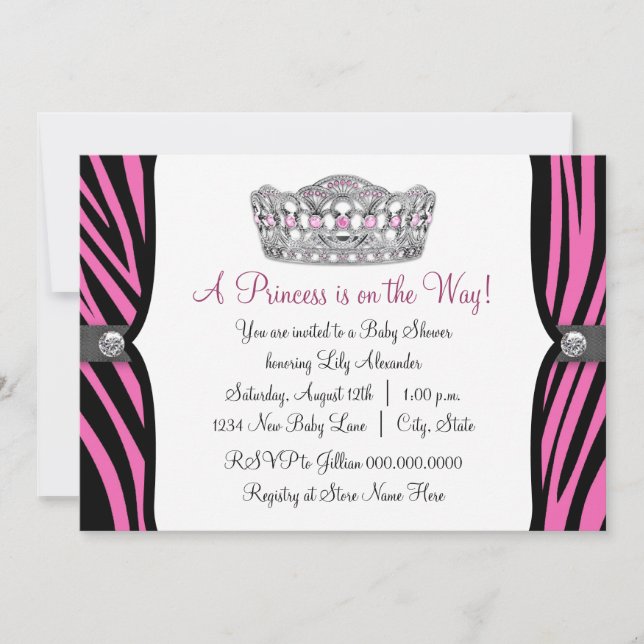 Convite Chuva de Bebê Princesa Zebra Rosa Quente Preto (Frente)