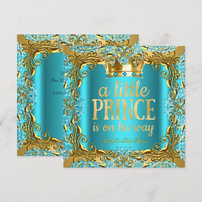 Convite Chuva de Bebê Príncipe a caminho Dourado Teal Aqua (Frente/Verso)