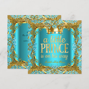 Convite Chuva de Bebê Príncipe a caminho Dourado Teal Aqua