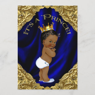 Convite Chuva de Bebê Príncipe Afro-Americano Azul e Doura
