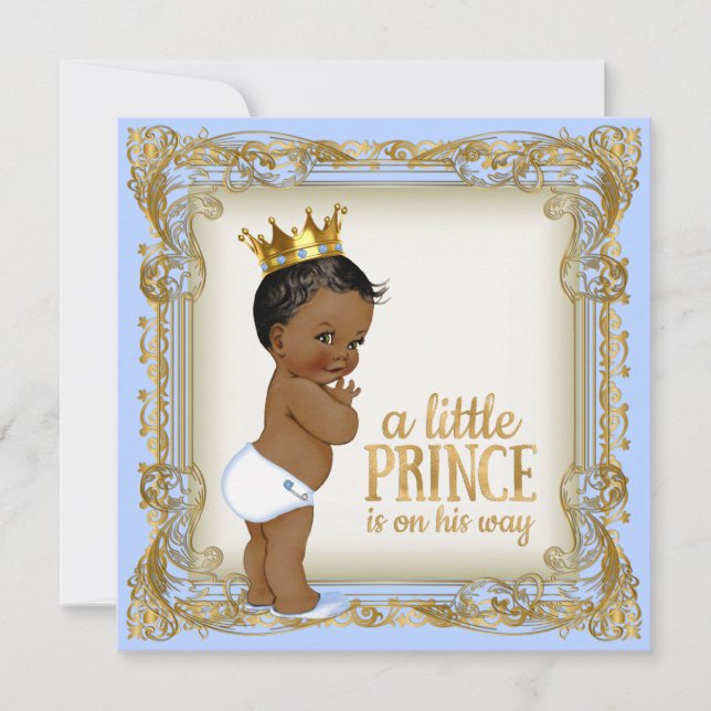 Convite Chuva de Bebê Príncipe Afro-Americano Bebê Azul (Frente)