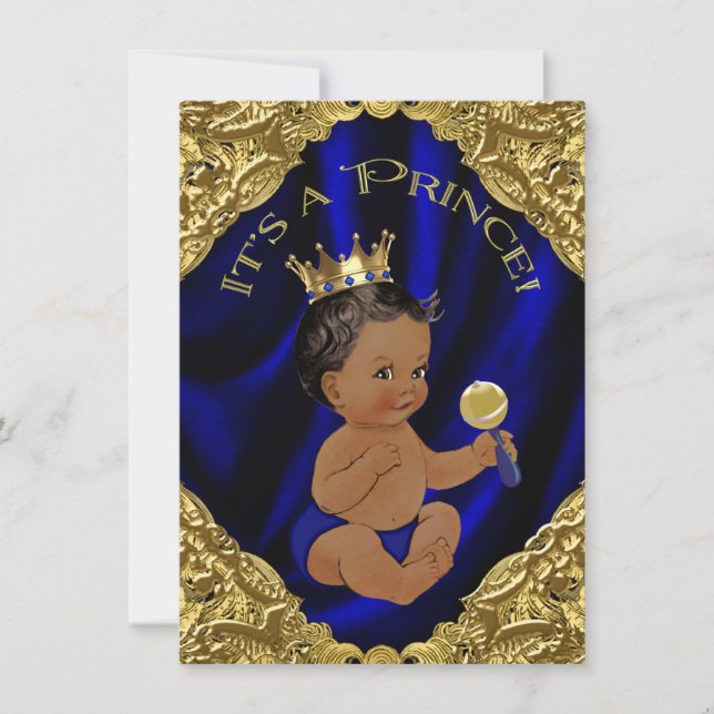 Convite Chuva de Bebê Príncipe Afro-Americano Blue Gold (Frente)