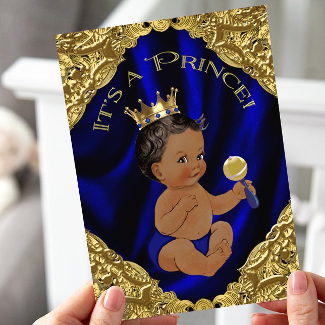 Convite Chuva de Bebê Príncipe Afro-Americano Blue Gold (Criador carregado)