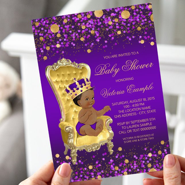 Convite Chuva de Bebê Príncipe Afro-Americano Dourado Roxo (Criador carregado)