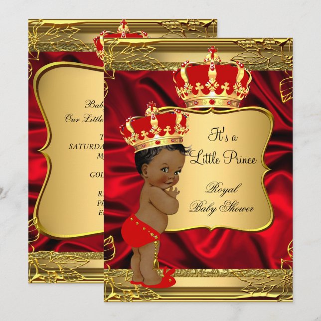 Convite Chuva de Bebê Príncipe Afro-Americano Dourado Verm (Frente/Verso)
