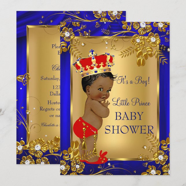 Convite Chuva de Bebê Príncipe Afro-Americano Dourado Verm (Frente/Verso)
