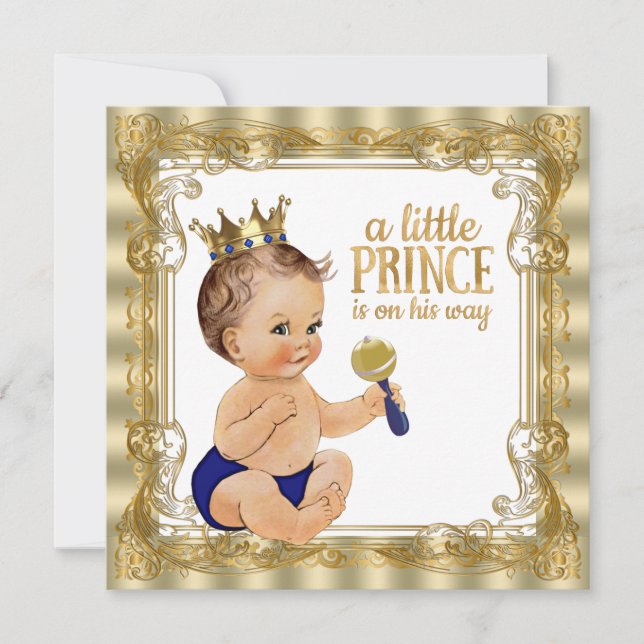 Convite Chuva de Bebê Príncipe Azul Dourado (Frente)
