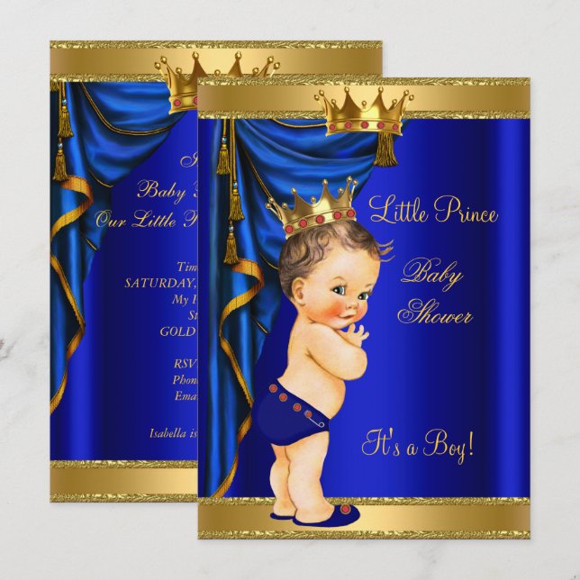 Convite Chuva de Bebê Príncipe Azul Dourado Vermelho Moren (Frente/Verso)