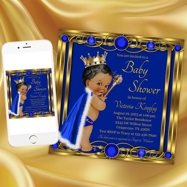 Convite Chuva de Bebê Príncipe Azul e Dourado Afro-America (Blue gold prince baby shower invitation. Instant download and printed invitations available.)