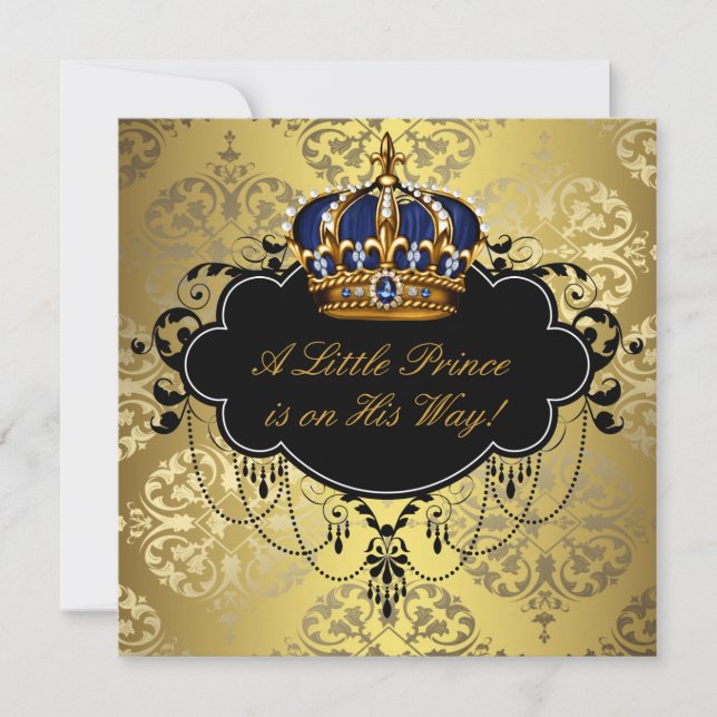 Convite Chuva de Bebe Príncipe Azul Marinho Preto Dourado (Frente)