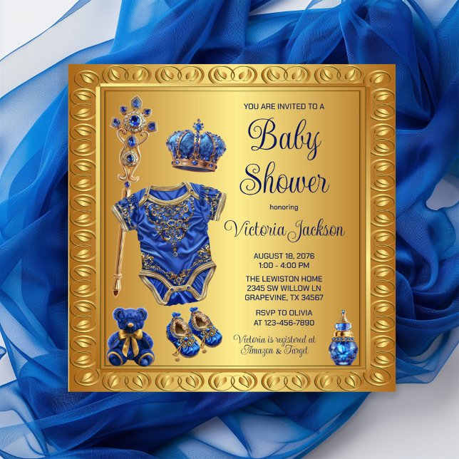 Convite Chuva de Bebê Príncipe Azul Real Dourado (Celebrate your little prince with  our royal blue and gold royal essentials baby shower invitation!)
