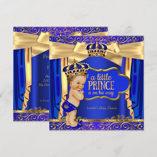 Convite Chuva de Bebê Príncipe Azul Real Dourado Brunette (Frente/Verso)