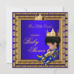 Convite Chuva de Bebê Príncipe Azul Real Dourado Coroa Men