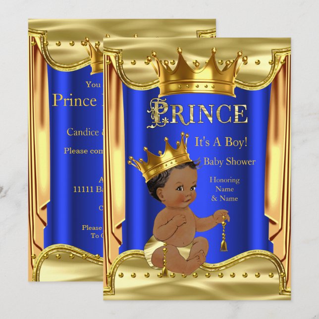 Convite Chuva de Bebe Príncipe Azul Real Dourado Étnico (Frente/Verso)