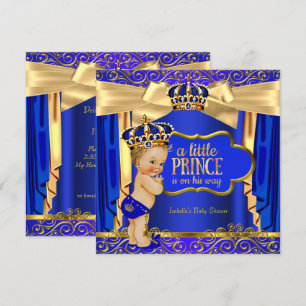 Convite Chuva de Bebê Príncipe Azul Real Dourado Loira