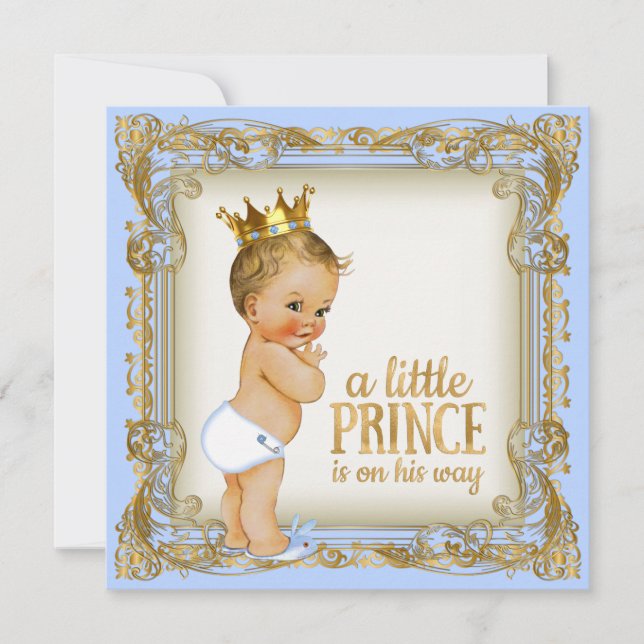Convite Chuva De Bebê Príncipe Bebê Azul Dourado Príncipe (Frente)