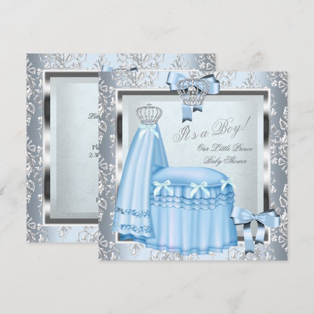 Convite Chuva de Bebê Príncipe Bebê Menino Azul Damasco Co (Frente/Verso)