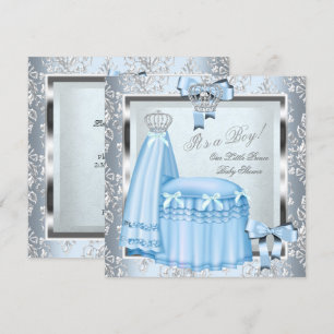 Convite Chuva de Bebê Príncipe Bebê Menino Azul Damasco Co