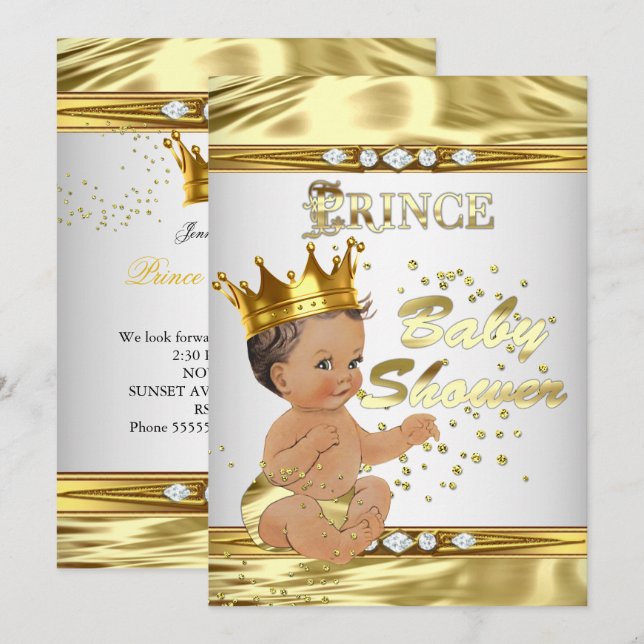 Convite Chuva de Bebê Príncipe Branco Dourado Folha Morena (Frente/Verso)